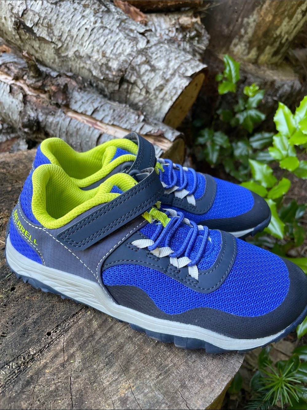 Merrell Kids Trail Glove Blue and Lime Green Athletic Sneakers